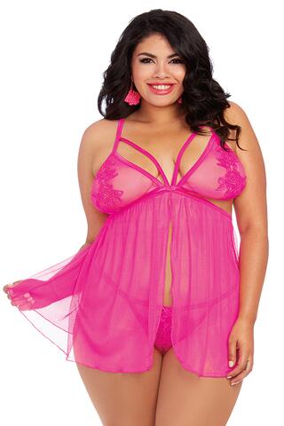 One Size Plus Size Stretch Mesh Flyaway Front Babydoll and G-String Set