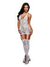 Stretch Lace Halter Garter Dress with Attached Garters and Thigh High Stockings