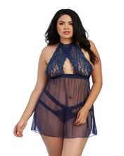 Plus Stretch Lace and Mesh Babydoll with Matching Panty