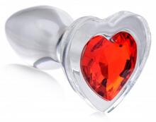 Red Heart Glass Anal Plug With Gem - Small