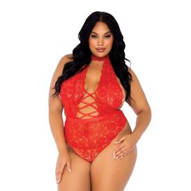 Leg Avenue Floral Lace Crotchless Teddy Red UK 18 to 22